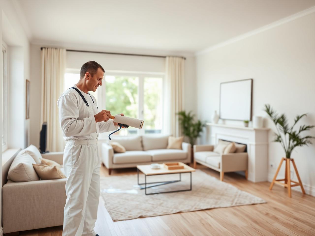 Painter applying fresh paint inside a bright living room